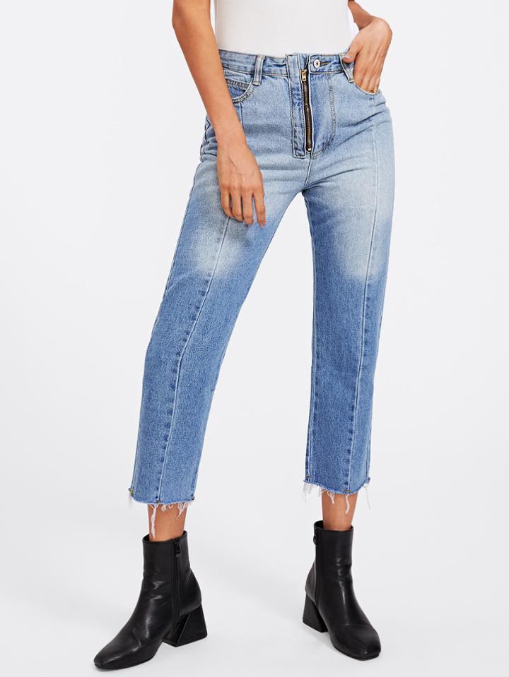 Romwe Raw Cut Hem Bleach Wash Jeans