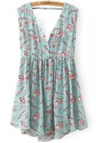 Romwe Turquoise V Neck Sleeveless Backless Floral Dress