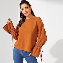 Romwe Knot Bell Sleeve Solid Pullover