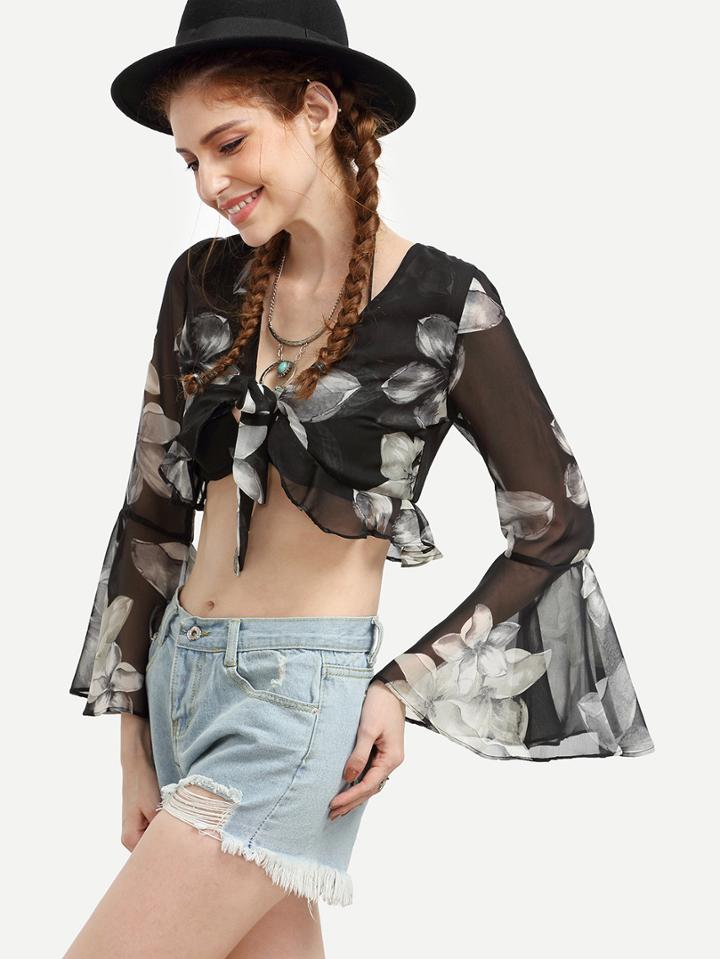 Romwe Black Flower Print Bell Sleeve Crop Chiffon Blouse