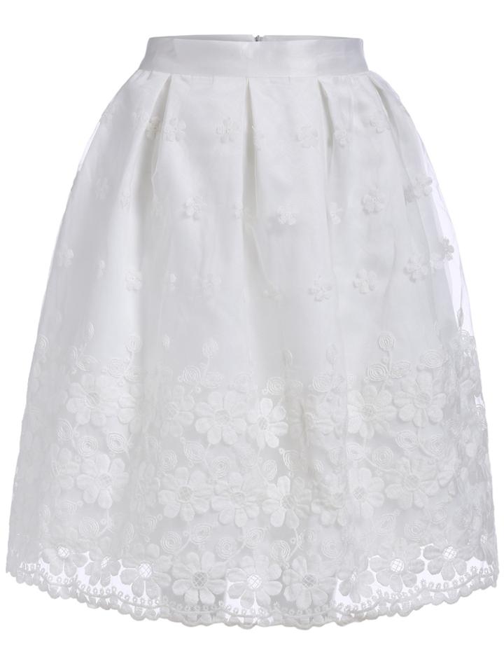 Romwe Flower Embroidered With Zipper Organza White Skirt