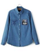 Romwe Letters Embroidered Frayed Denim Blouse