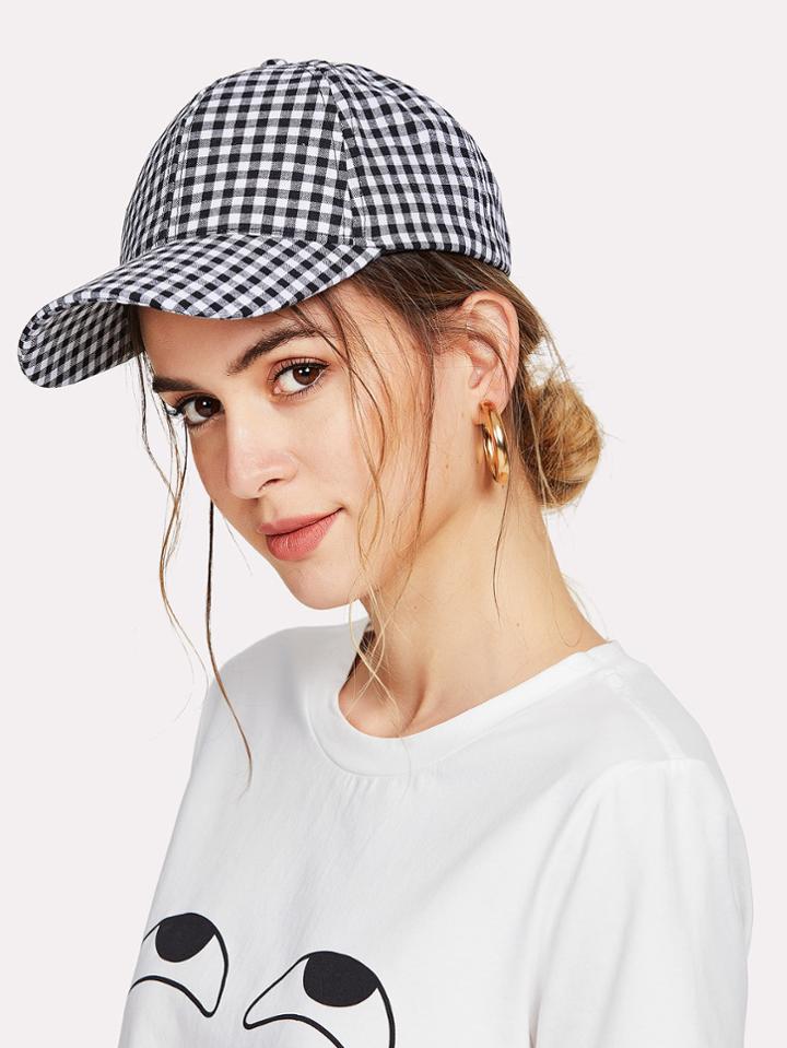 Romwe Gingham Baseball Cap