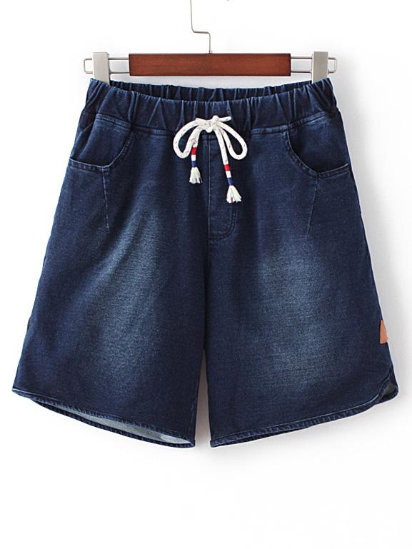 Romwe Dark Blue Tie Waist Pocket Casual Denim Shorts