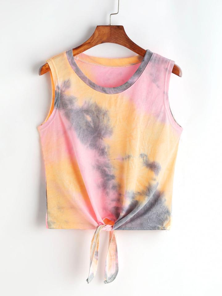 Romwe Tie Dye Tie Front Tank Top