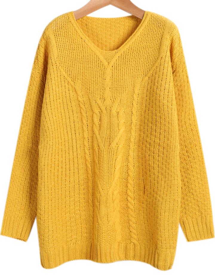 Romwe Yellow V Neck Long Sleeve Cable Knit Sweater