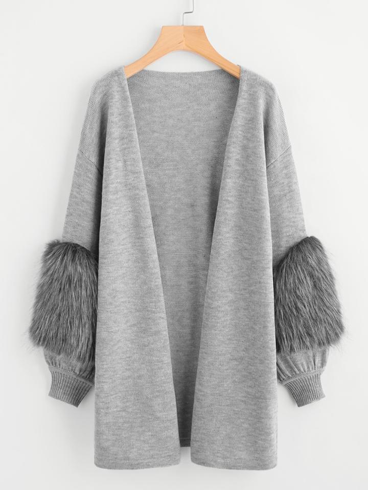 Romwe Contrast Faux Fur Sleeve Open Front Cardigan