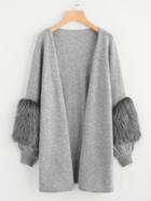 Romwe Contrast Faux Fur Sleeve Open Front Cardigan