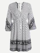 Romwe V Neck Bell Sleeve Lace Up Fringe Dress