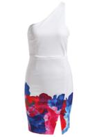 Romwe One-shoulder With Split Florals White Dress
