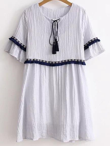 Romwe Blue Tie Neck Fringe Trim Embroidered Tape Detail Dress