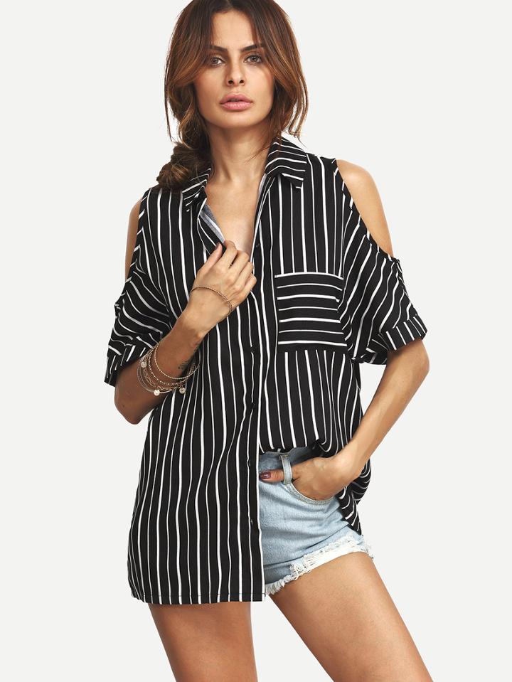 Romwe Black Striped Cold Shoulder Button Blouse