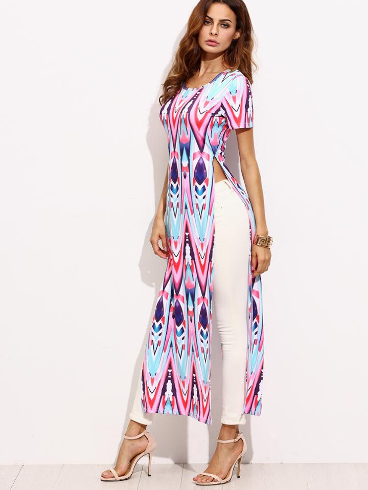 Romwe Multicolor Geometric Print Split Maxi T-shirt