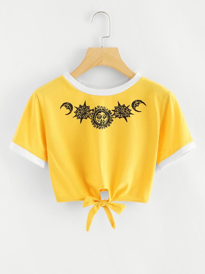 Romwe Sun Print Contrast Trim Tie Front T-shirt