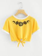 Romwe Sun Print Contrast Trim Tie Front T-shirt