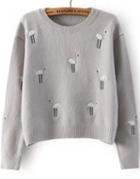 Romwe Ostrich Embroidered Grey Sweater