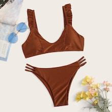 Romwe Ruffle Straps Top With Ladder Cut-out Bikini Set