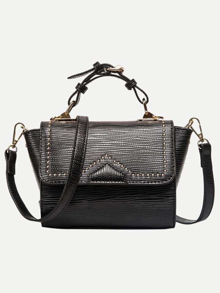 Romwe Black Lizard Embossed Studded Trapeze Satchel Bag