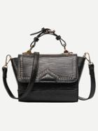 Romwe Black Lizard Embossed Studded Trapeze Satchel Bag