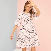 Romwe Strawberry Print Flounce Sleeve Smock Dress