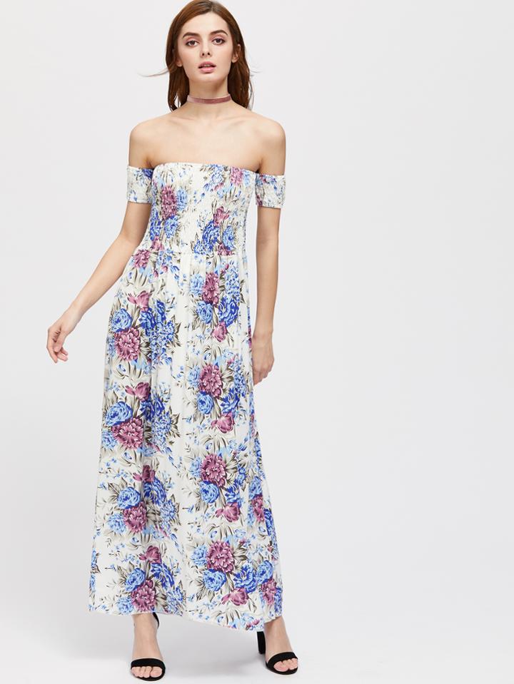 Romwe Bardot Calico Print Slit Side Maxi Dress