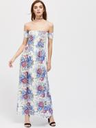 Romwe Bardot Calico Print Slit Side Maxi Dress