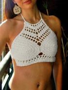 Romwe Hollow Out Halter White Crop Crochet Top