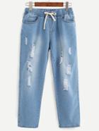 Romwe Blue Ripped Drawstring Waist Jeans