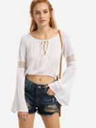 Romwe White Bell Sleeve Keyhole Lace Up Crop Top