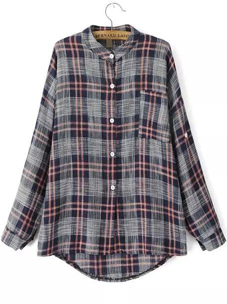 Romwe Stand Collar Dip Hem Plaid Blue Blouse