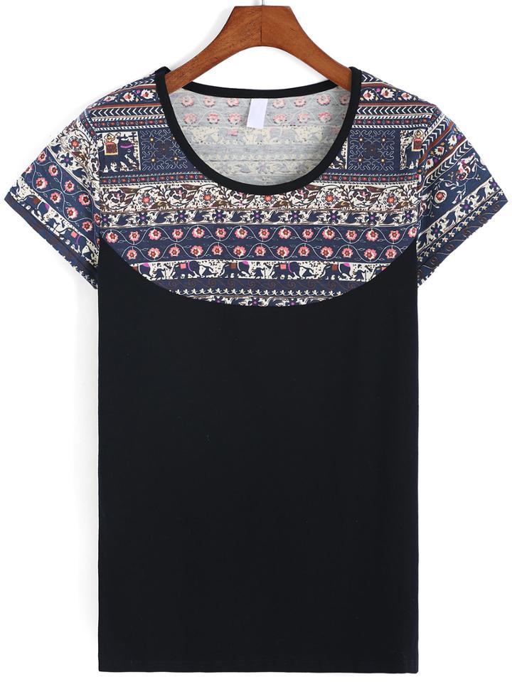 Romwe Tribal Print Black T-shirt
