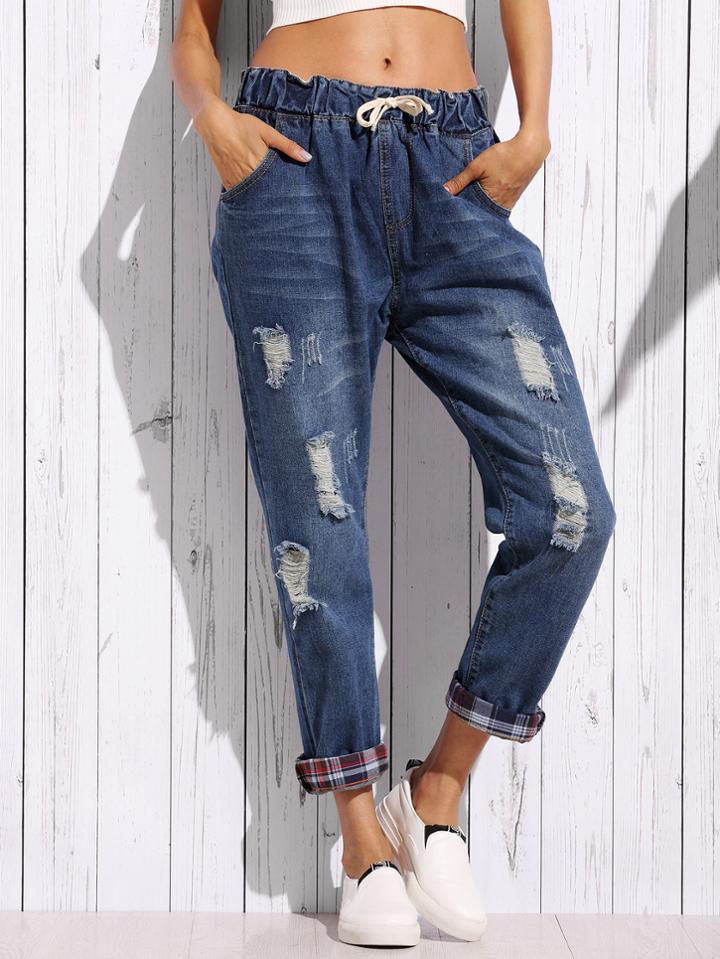 Romwe Blue Distressed Boyfriend Jeans With Plaid Lining Detail