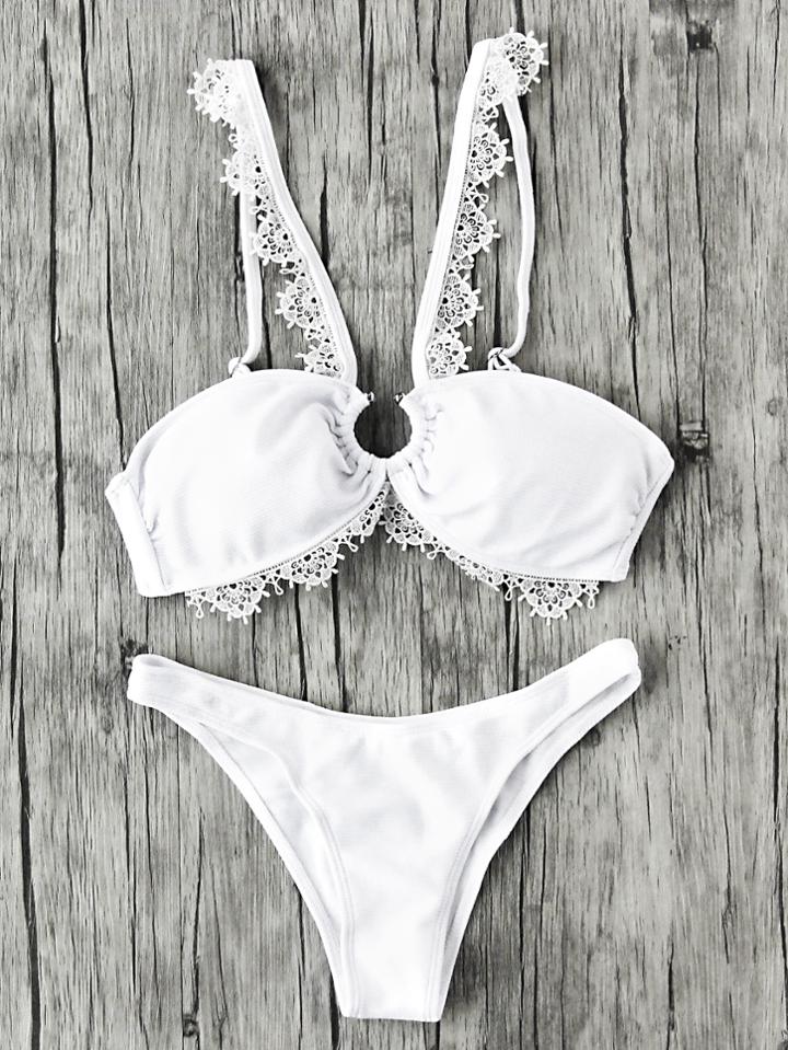 Romwe Lace Crochet Trim Ring Bikini Set