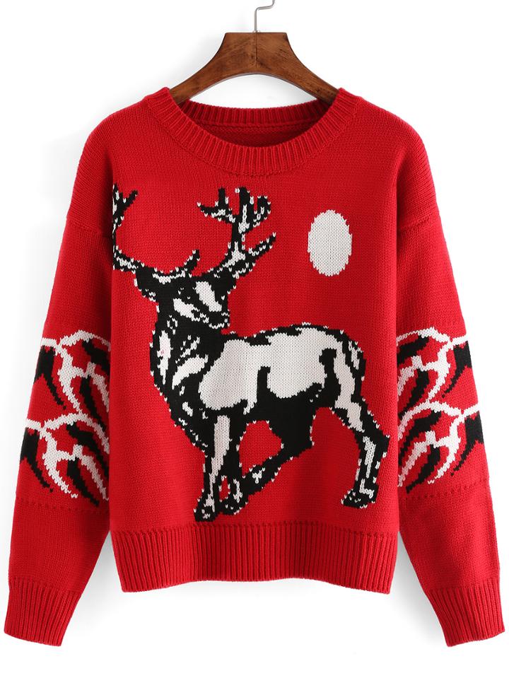 Romwe Long Sleeve Deer Print Red Sweater