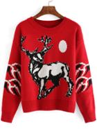 Romwe Long Sleeve Deer Print Red Sweater