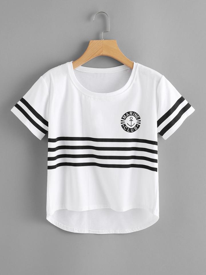 Romwe Stripe Pattern Print Crop Tee