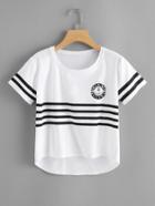 Romwe Stripe Pattern Print Crop Tee