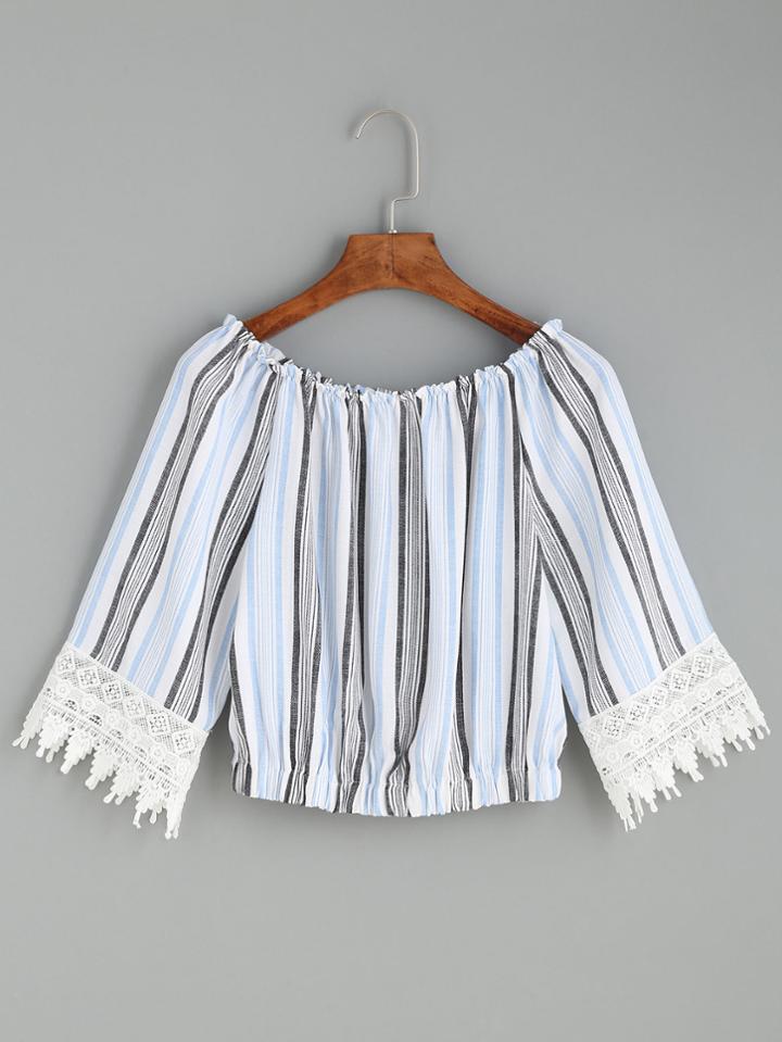 Romwe Multicolor Vertical Striped Crochet Trim Top