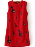 Romwe Sleeveless Cat Embroidered Red Dress