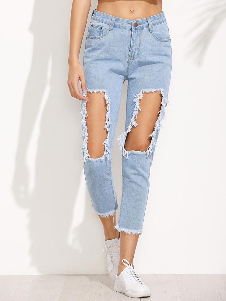 Romwe Blue Ripped Fringe Denim Pant