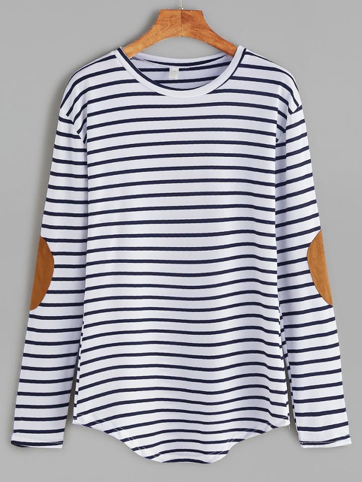 Romwe Elbow Patch Striped T-shirt