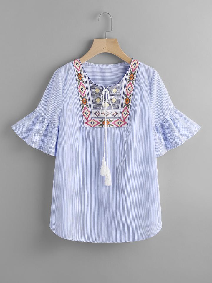 Romwe Tasseled Tie Embroidered Yoke Fluted Sleeve Top