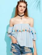 Romwe Blue Tassel Detail Off The Shoulder Blouse