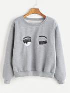 Romwe Grey Ribbed Trim Eyes Embroidered Sweatshirt