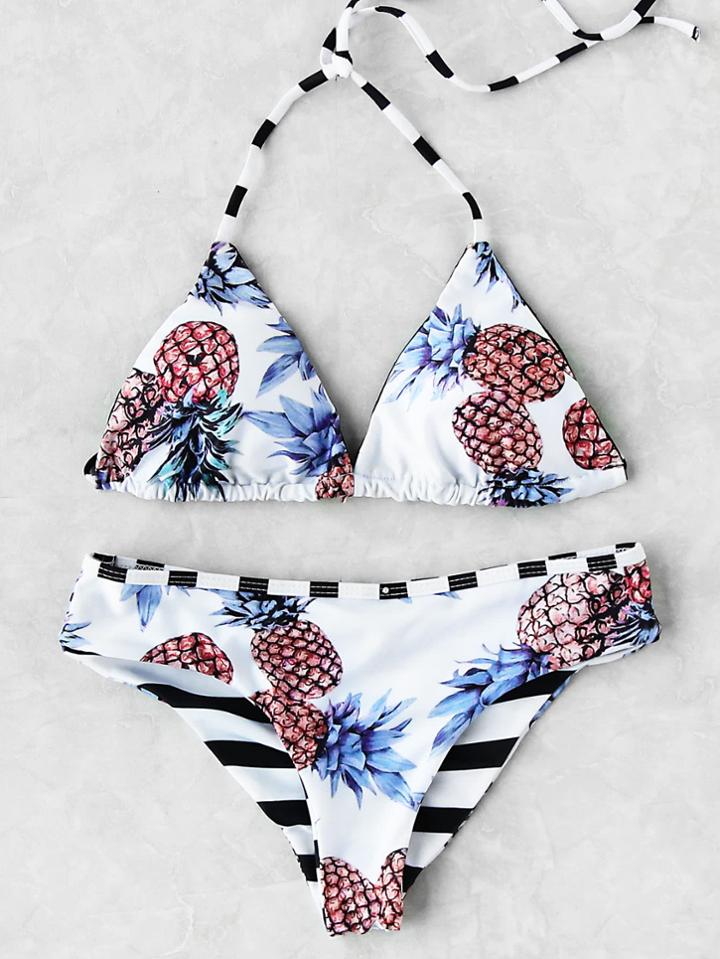 Romwe Pineapple Print Striped Trim Triangle Bikini Set