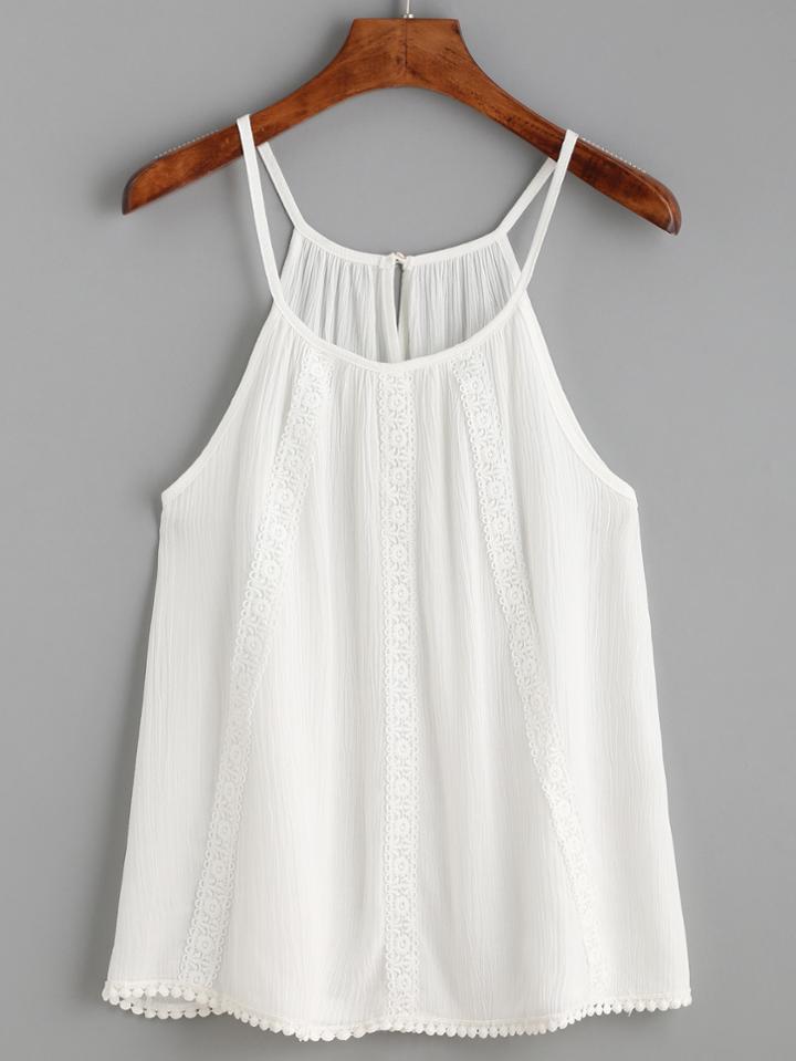 Romwe White Lace Trim Keyhole Back Cami Top
