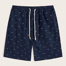Romwe Guys Fish Bone Print Drawstring Waist Shorts