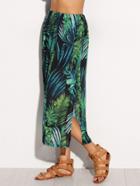 Romwe Green Leaves Printed Split Side Skirt