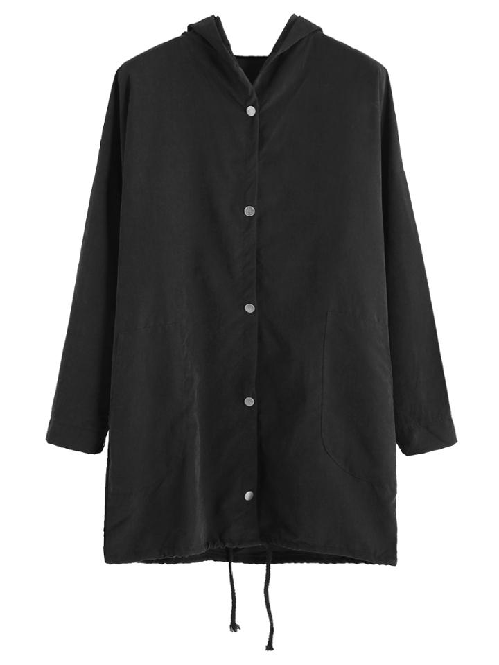 Romwe Black Dog Print Back Drawstring Hooded Outerwear