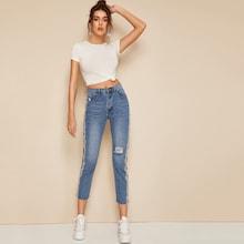 Romwe Side Striped Tape Ripped Detail Denim Jeans